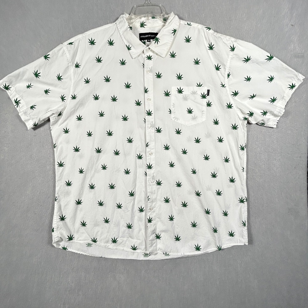 Molokai Surf Co, Mens 4XL Green All Over Cannabis Leaves Print on White Shirt